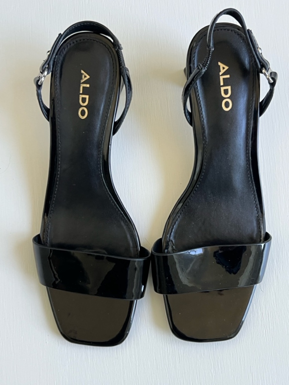 Aldo Black Patent Square-Toe Ankle Strap Heels